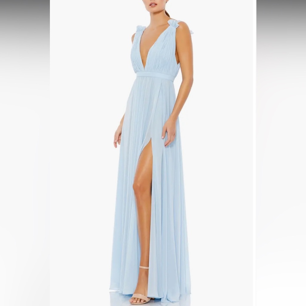 Mac Duggal Sky Blue Pleated V-Neck Maxi Dress with High Slit